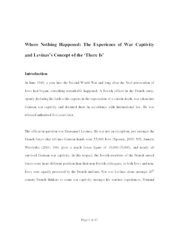 Where Nothing Happened: The Experience of War Captivity and Levinas’s Concept of the ‘There Is’ Thumbnail