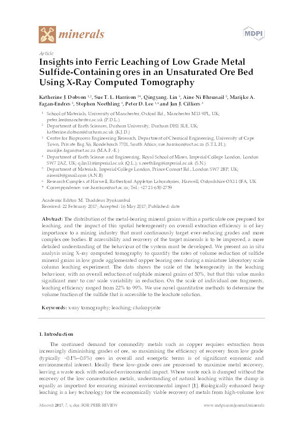 Insights into ferric leaching of low grade metal sulfide-containing ores in an unsaturated ore bed using X-ray computed tomography Thumbnail