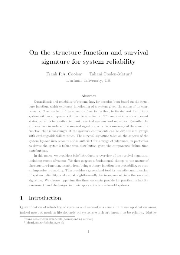 On the structure function and survival signature for system reliability Thumbnail