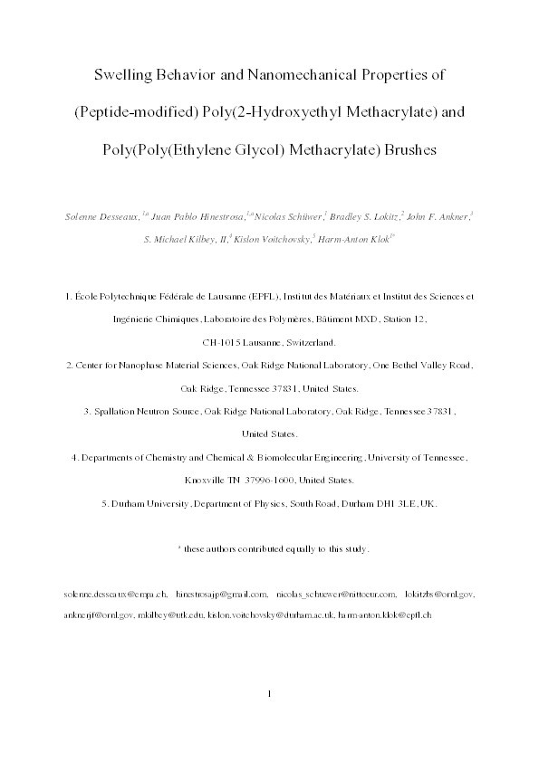 Swelling Behavior and Nanomechanical Properties of (Peptide-Modified) Poly(2-hydroxyethyl methacrylate) and Poly(poly(ethylene glycol) methacrylate) Brushes Thumbnail