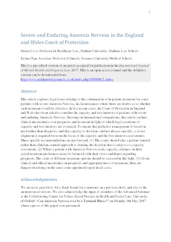 Severe and Enduring Anorexia Nervosa in the England and Wales Court of Protection Thumbnail