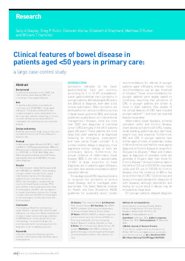 Clinical features of bowel disease in patients aged <50 years in primary care: a large case-control study Thumbnail