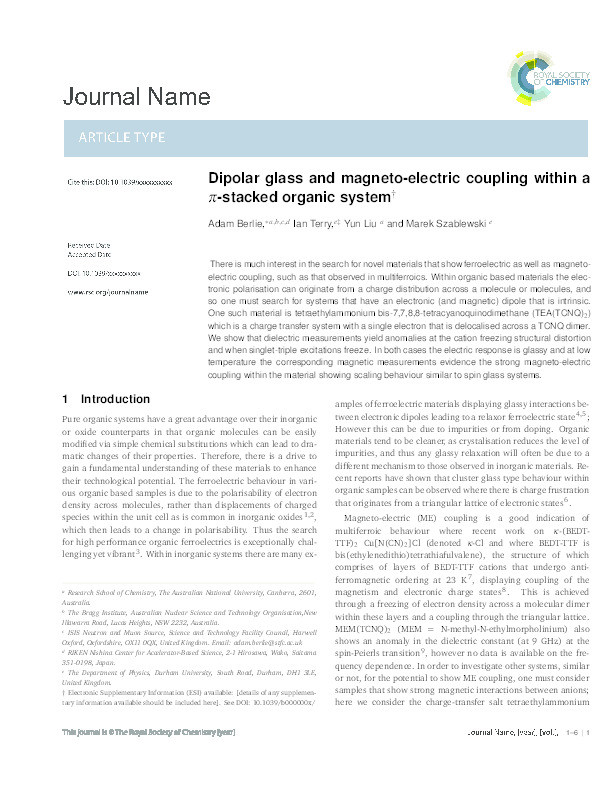 Dipolar Glass and Magneto-Electric Coupling Within a π-stacked Organic system Thumbnail