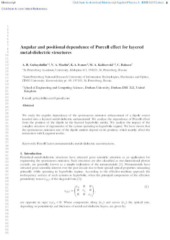 Angular and positional dependence of Purcell effect for layered metal-dielectric structures Thumbnail