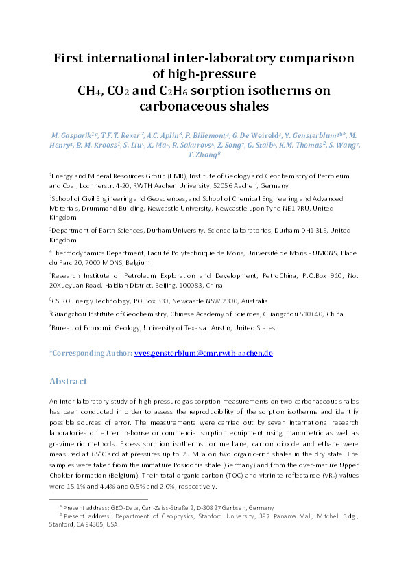 First international inter-laboratory comparison of high-pressure CH4, CO2 and C2H6 sorption isotherms on carbonaceous shales Thumbnail