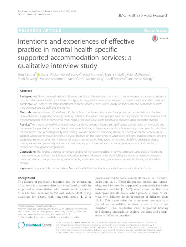Intentions and experiences of effective practice in mental health specific supported accommodation services: a qualitative interview study Thumbnail