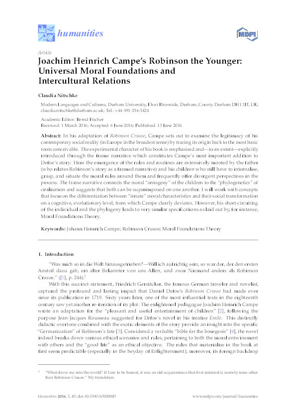 Joachim Heinrich Campe’s Robinson the Younger: Universal Moral Foundations and Intercultural Relations Thumbnail