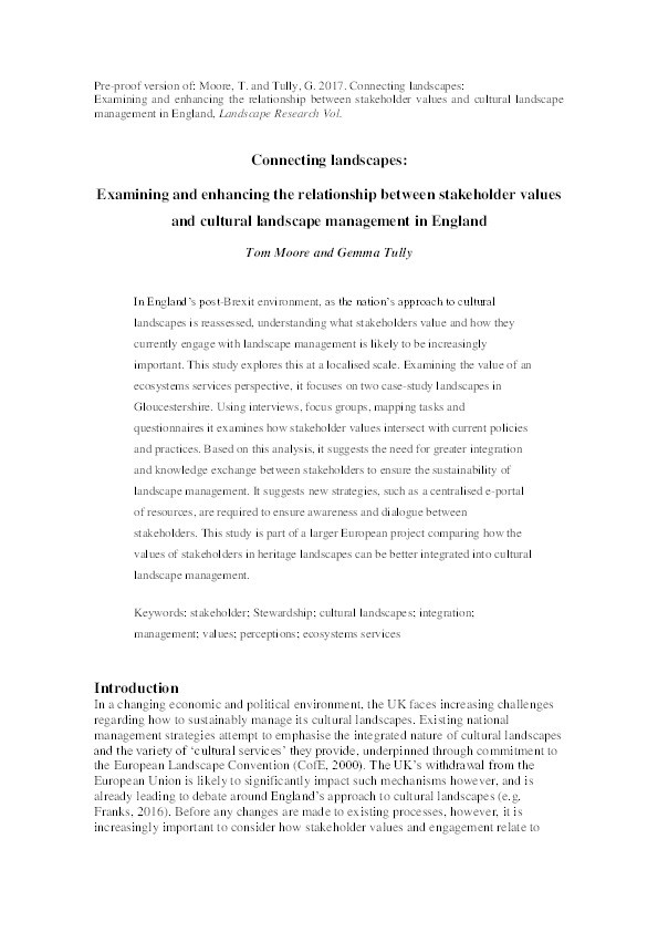 Connecting landscapes: Examining and enhancing the relationship between stakeholder values and cultural landscape management in England Thumbnail