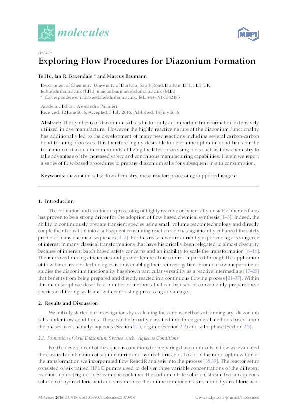 Exploring Flow Procedures for Diazonium Formation Thumbnail
