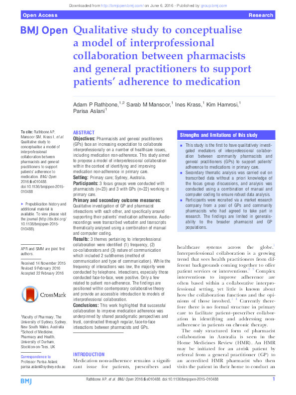 Qualitative study to conceptualise a model of interprofessional collaboration between pharmacists and general practitioners to support patients' adherence to medication Thumbnail