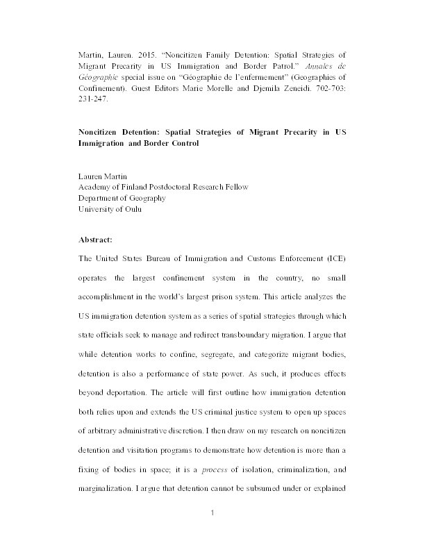 Noncitizen Detention : Spatial Strategies of Migrant Precarity in US Immigration and Border Control Thumbnail