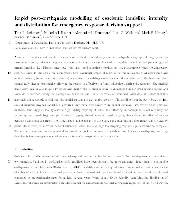 Rapid post-earthquake modelling of coseismic landsliding intensity and distribution for emergency response decision support Thumbnail