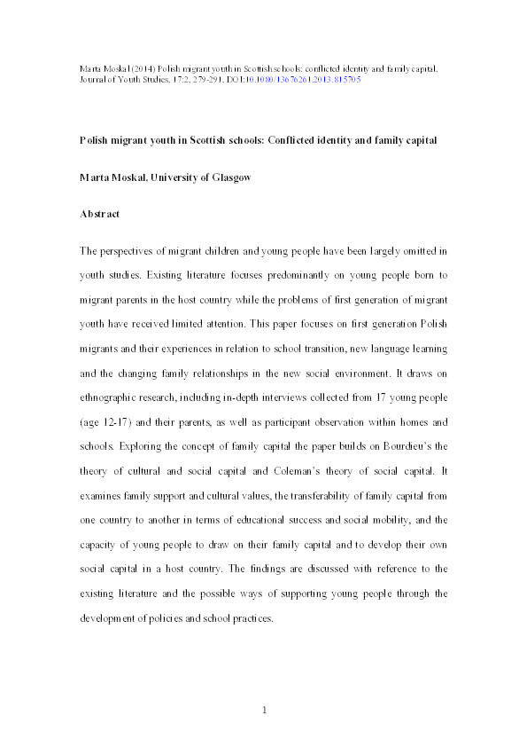 Polish migrant youth in Scottish schools: conflicted identity and family capital Thumbnail