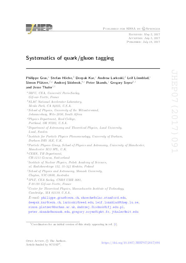Systematics of quark/gluon tagging Thumbnail
