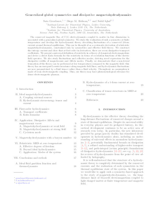 Generalized global symmetries and dissipative magnetohydrodynamics Thumbnail