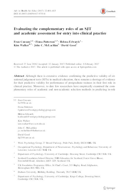 Evaluating the complementary roles of an SJT and academic assessment for entry into clinical practice Thumbnail