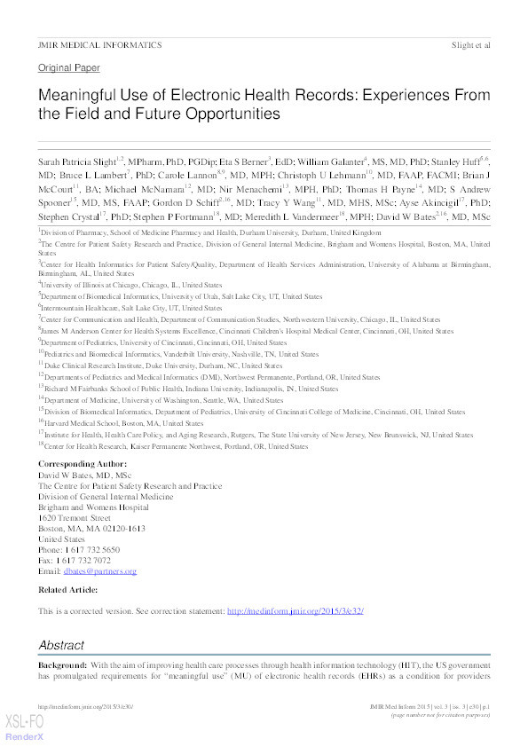 Meaningful use of electronic health records: experiences from the field and future opportunities Thumbnail