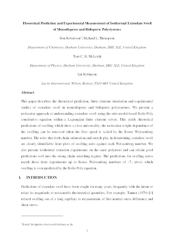 Theoretical prediction and experimental measurement of isothermal extrudate swell of monodisperse and bidisperse polystyrenes Thumbnail