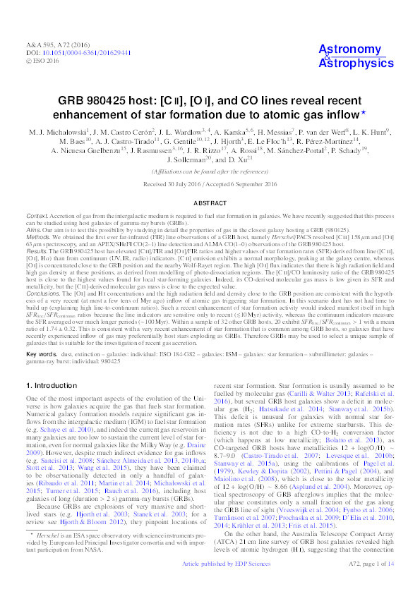GRB 980425 host: [C II], [O I], and CO lines reveal recent enhancement of star formation due to atomic gas inflow Thumbnail