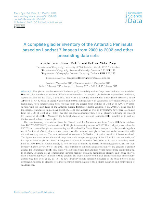 A complete glacier inventory of the Antarctic Peninsula based on Landsat 7 images from 2000 to 2002 and other preexisting data sets Thumbnail