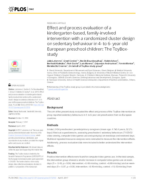 Effect and process evaluation of a kindergarten-based, family-involved intervention with a randomized cluster design on sedentary behaviour in 4- to 6- year old European preschool children: The ToyBox-study Thumbnail