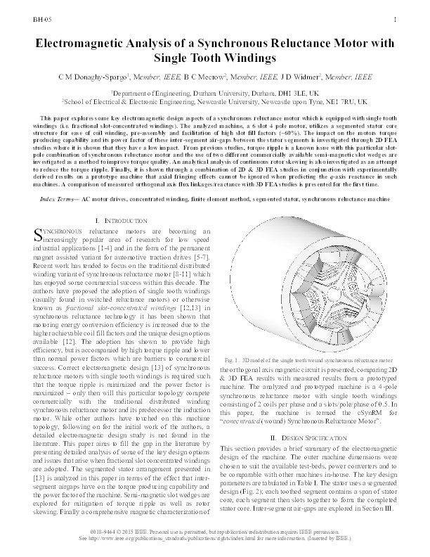 Electromagnetic Analysis of a Synchronous Reluctance Motor with Single Tooth Windings Thumbnail