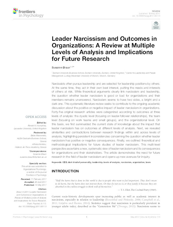 Leader Narcissism and Outcomes in Organizations: A Review at Multiple Levels of Analysis and Implications for Future Research Thumbnail