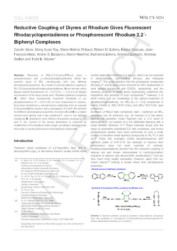 Reductive Coupling of Diynes at Rhodium Gives Fluorescent Rhodacyclopentadienes or Phosphorescent Rhodium 2,2’-Biphenyl Complexes Thumbnail