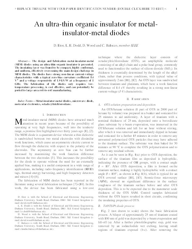 An ultrathin organic insulator for metal-insulator-metal diodes Thumbnail