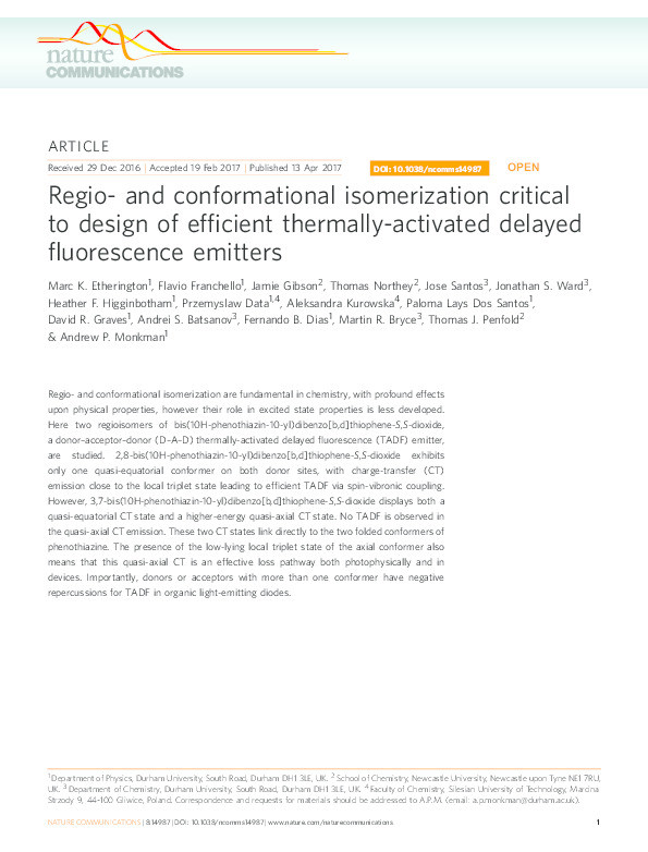 Regio- and conformational isomerization critical to design of efficient thermally-activated delayed fluorescence emitters Thumbnail
