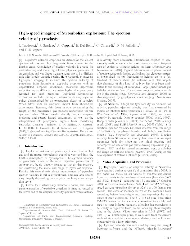 High-speed imaging of Strombolian explosions: The ejection velocity of pyroclasts Thumbnail