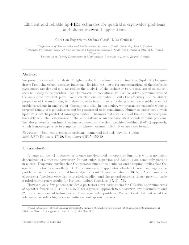Efficient and reliable hp-FEM estimates for quadratic eigenvalue problems and photonic crystal applications Thumbnail