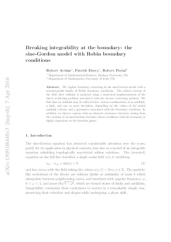 Breaking integrability at the boundary: the sine-Gordon model with Robin boundary conditions Thumbnail