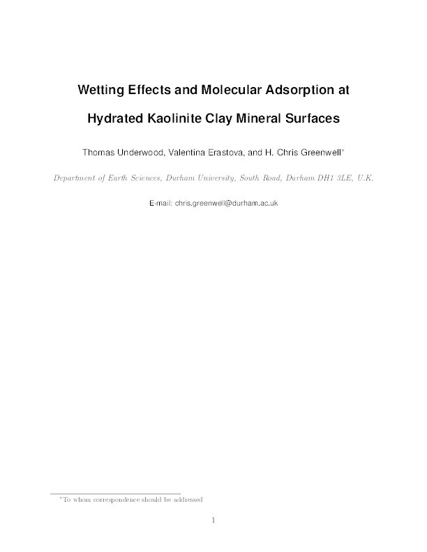 Wetting Effects and Molecular Adsorption at Hydrated Kaolinite Clay Mineral Surfaces Thumbnail