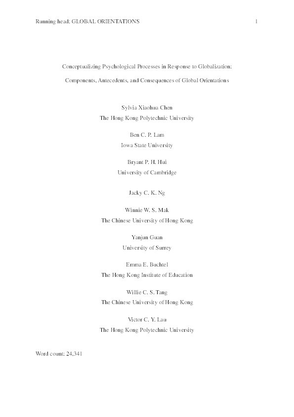 Conceptualizing psychological processes in response to globalization: Components, antecedents, and consequences of global orientations Thumbnail