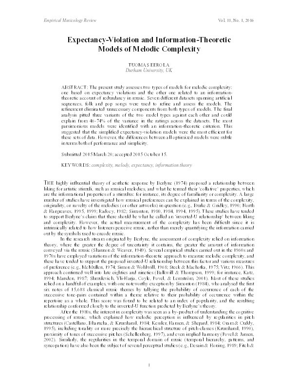 Expectancy-Violation and Information-Theoretic Models of Melodic Complexity Thumbnail