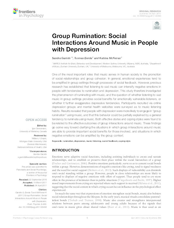 Group Rumination: Social Interactions Around Music in People with Depression Thumbnail