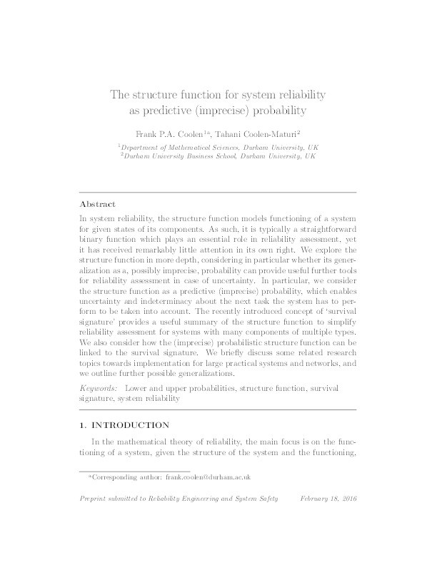 The structure function for system reliability as predictive (imprecise) probability Thumbnail