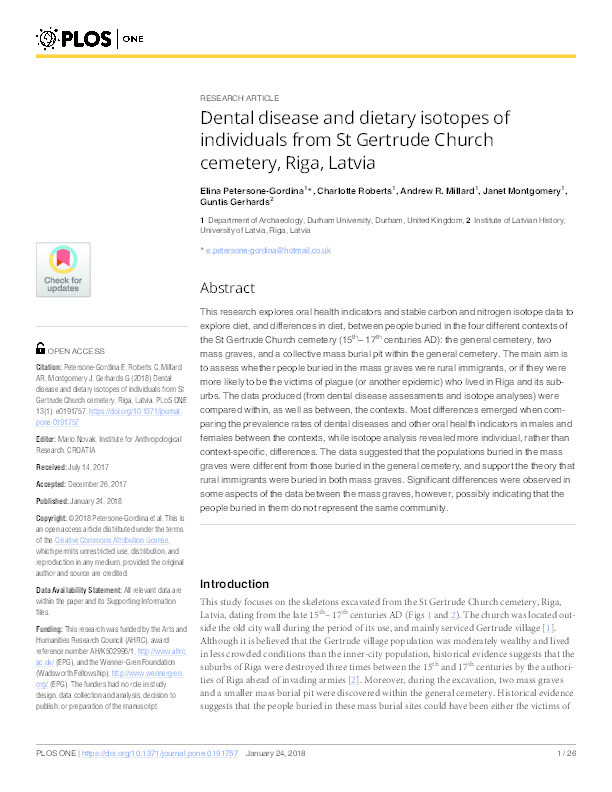 Dental disease and dietary isotopes of individuals from St Gertrude Church cemetery, Riga, Latvia Thumbnail