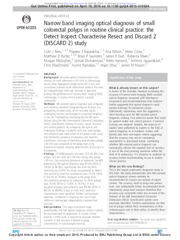 Narrow band imaging optical diagnosis of small colorectal polyps in routine clinical practice: the Detect Inspect Characterise Resect and Discard 2 (DISCARD 2) study Thumbnail