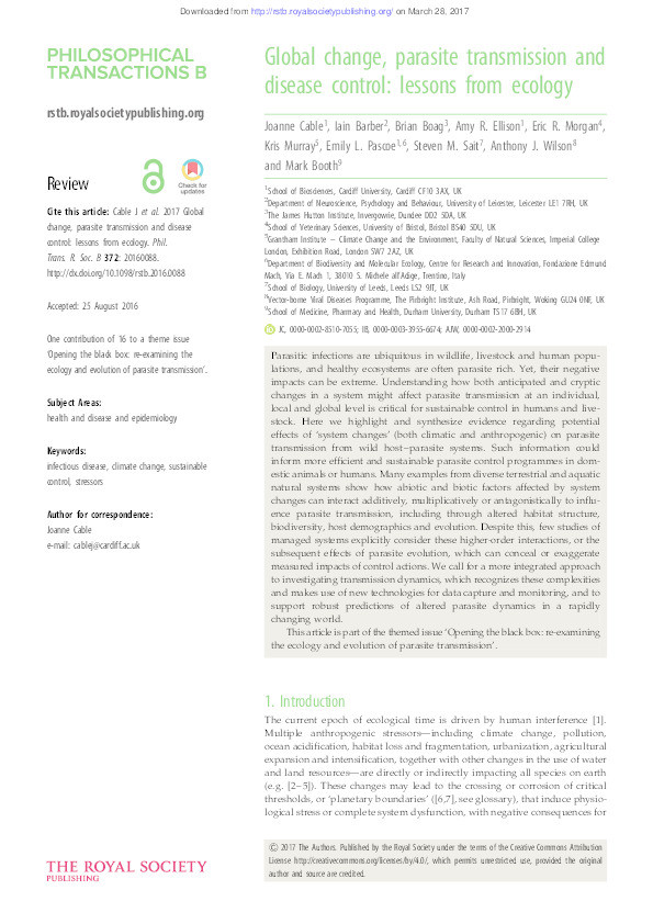 Global change, parasite transmission and disease control: lessons from ecology Thumbnail