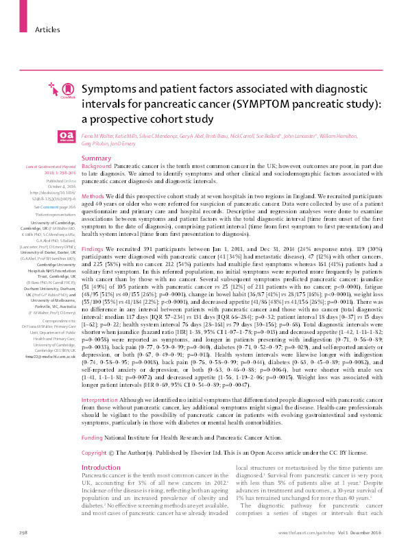 Symptoms and patient factors associated with diagnostic intervals for pancreatic cancer (SYMPTOM pancreatic study): a prospective cohort study Thumbnail