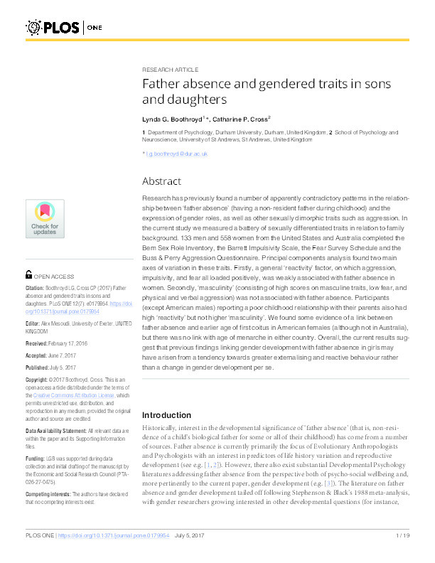 Father absence and gendered traits in sons and daughters Thumbnail
