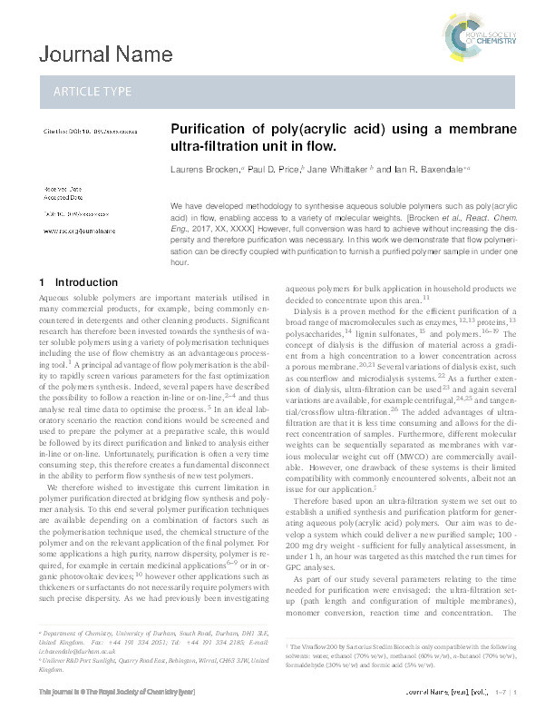 Purification of poly(acrylic acid) using a membrane ultra-filtration unit in flow Thumbnail