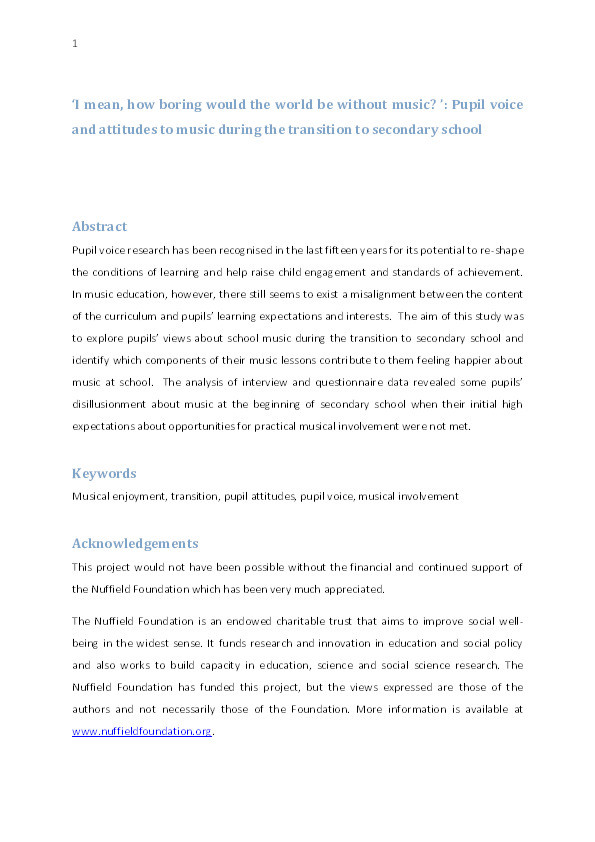 Pupil voice and attitudes to music during the transition to secondary school Thumbnail