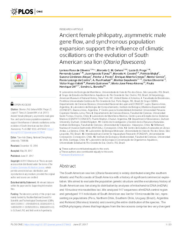 Ancient female philopatry, asymmetric male gene flow, and synchronous population expansion support the influence of climatic oscillations on the evolution of South American sea lion (Otaria flavescens) Thumbnail