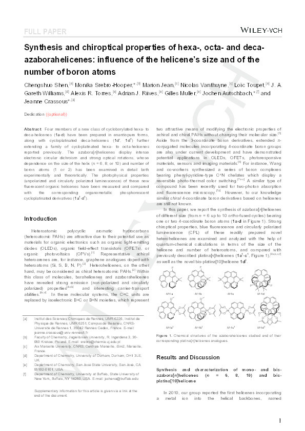 Synthesis and Chiroptical Properties of Hexa-, Octa-, and Decaazaborahelicenes: Influence of Helicene Size and of the Number of Boron Atoms Thumbnail