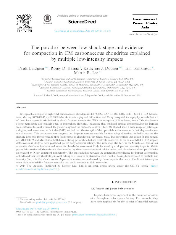 The paradox between low shock-stage and evidence for compaction in CM carbonaceous chondrites explained by multiple low-intensity impacts Thumbnail