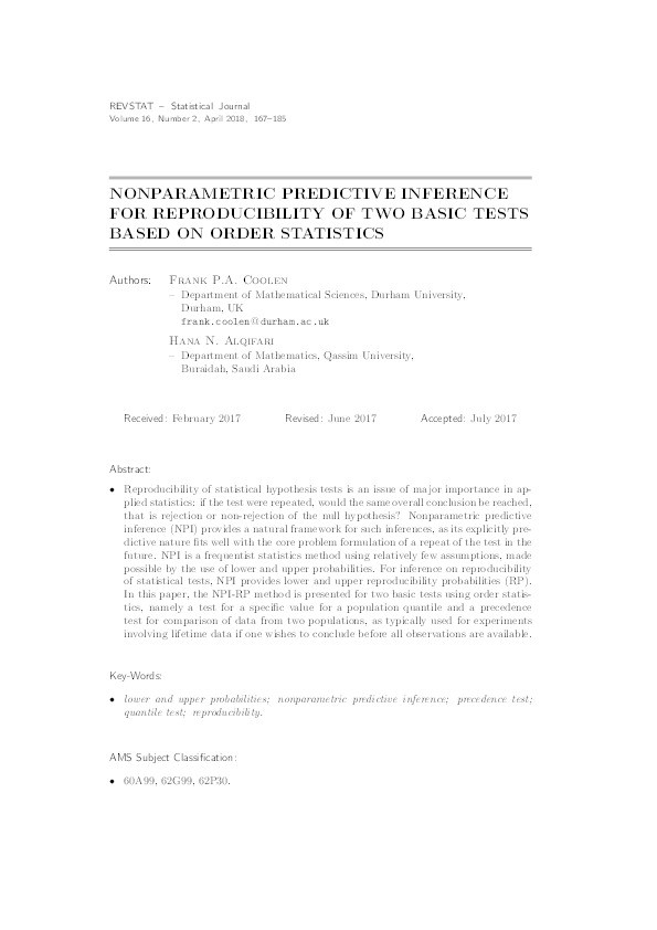 Nonparametric predictive inference for reproducibility of two basic tests based on order statistics Thumbnail