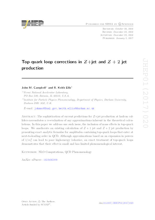 Top-quark loop corrections in Z+jet and Z + 2 jet production Thumbnail